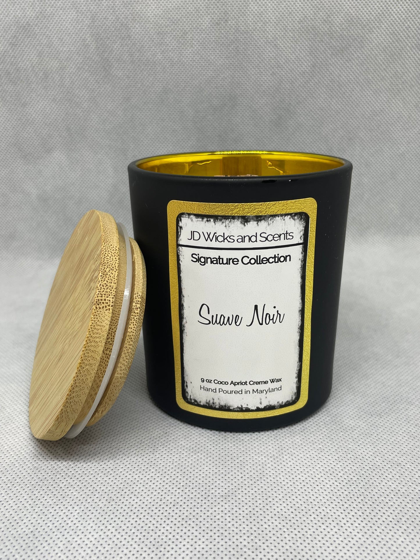 Suave Noir 9 oz Black Matte Vase and Shiny Gold Interior - Signature Wooden Wick Collection