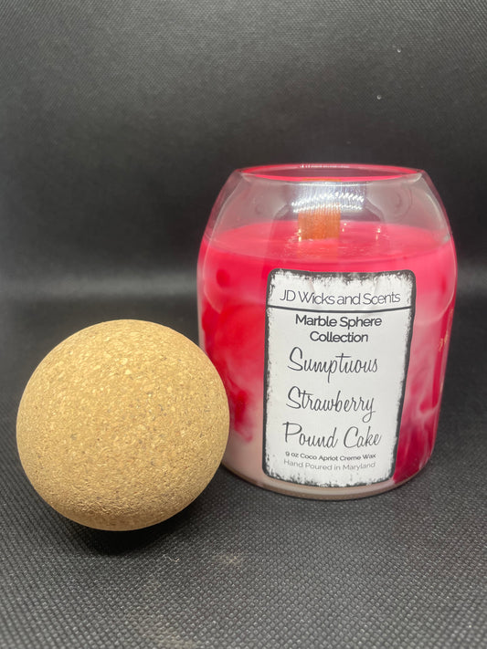 Sumptuous Strawberry Pound Cake 16 oz Glass Candle - Marble Sphere Luxury Candle Collection